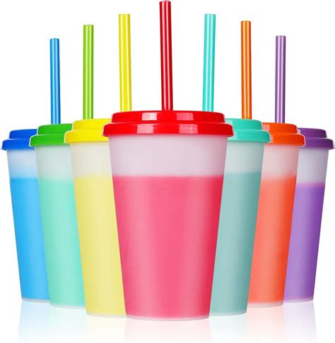 12oz Plastic Kids Cups with Lids & Straws - 7 Pack Reusable Color ...