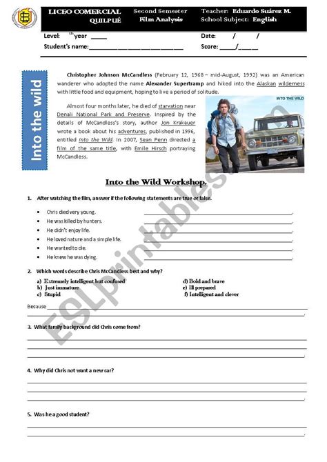 Into the Wild - Movie analysis - ESL worksheet by Edu_Thoreau