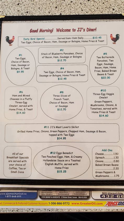 Menu at JJ's Diner restaurant, Sussex