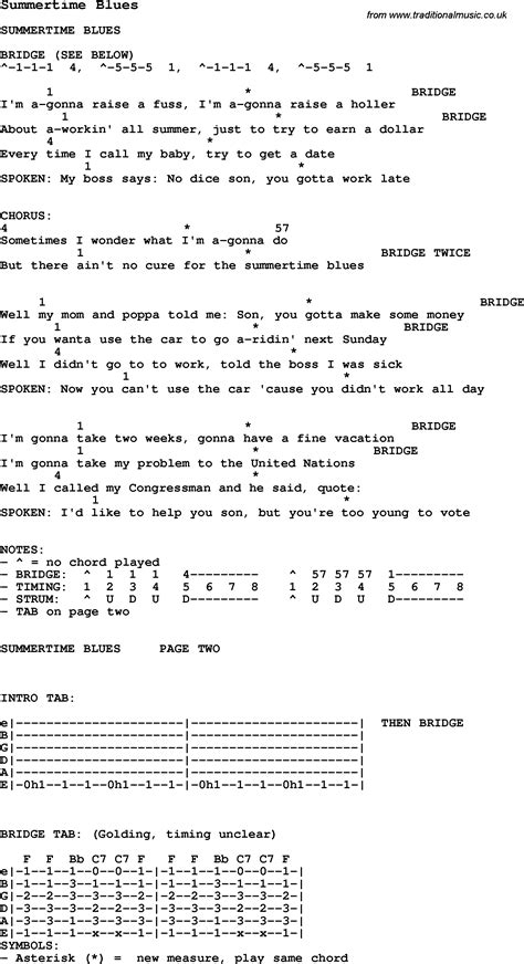 Blues Guitar lesson for Summertime Blues, with Chords, Tabs, and Lyrics