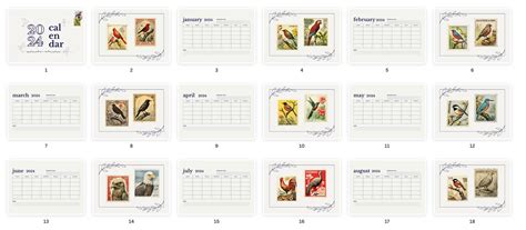 Printable Calendar 2024 Vintage Bird Stamp Retro Elegant - Etsy