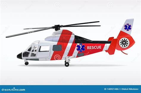 Rescue Helicopter Side View On A Isolated White Background. Red Medical ...