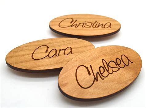 Oval Wooden Name Tags 3 x1.75" - Laser engraved , with magnetic holder ...