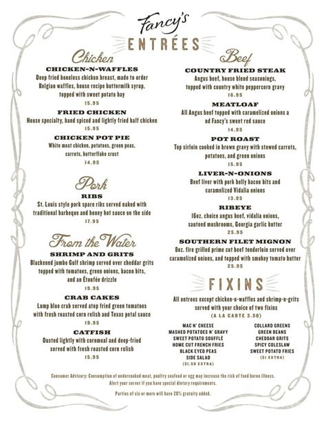 the menu for fancy's entrees