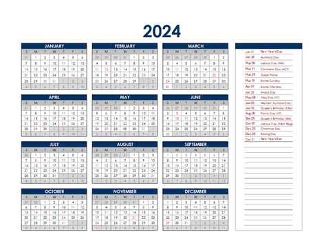 2024 Australia Annual Calendar with Holidays - Free Printable Templates