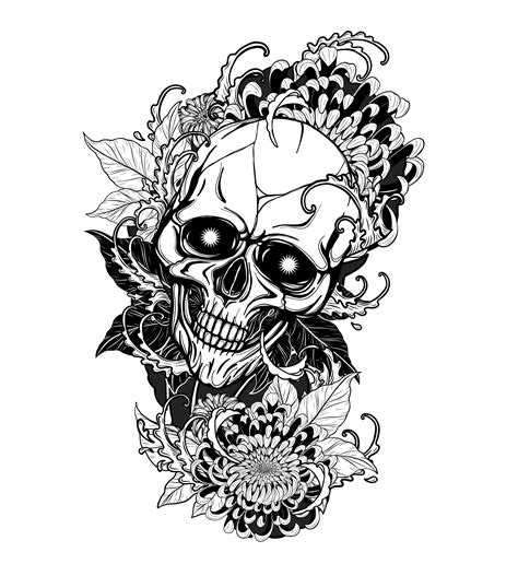 Skull with chrysanthemum tattoo by hand drawing 540059 Vector Art at Vecteezy