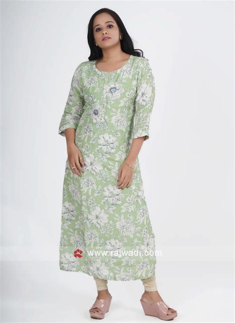 Floral Printed Kurti In Pista Green Color