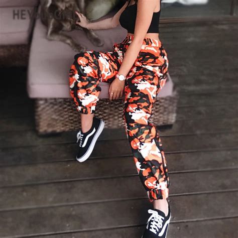 HEYounGIRL Orange Camouflage Pants Harem Camo Sweatpant High Waist Hip Hop Cargo Elasic Trousers ...