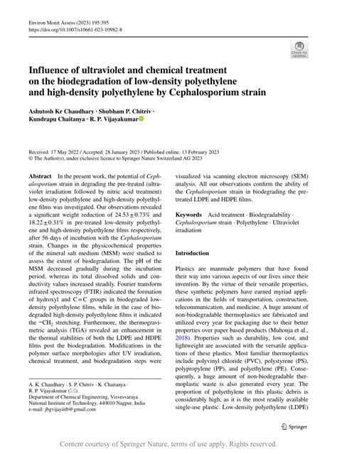 Influence of ultraviolet and chemical treatment on the biodegradation of low-density ...