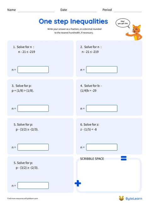 Solve One-Step Inequalities Worksheets [PDF] (7.EE.B.4.A): 7th Grade Math