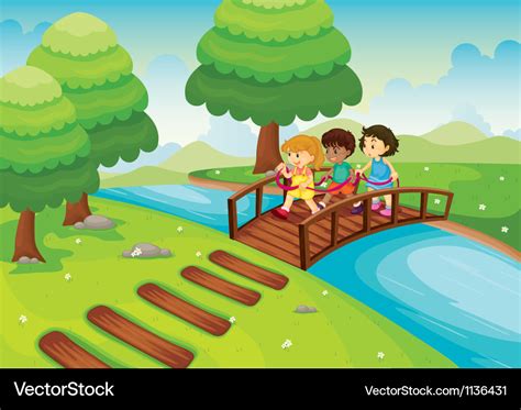 Kids crossing bridge Royalty Free Vector Image