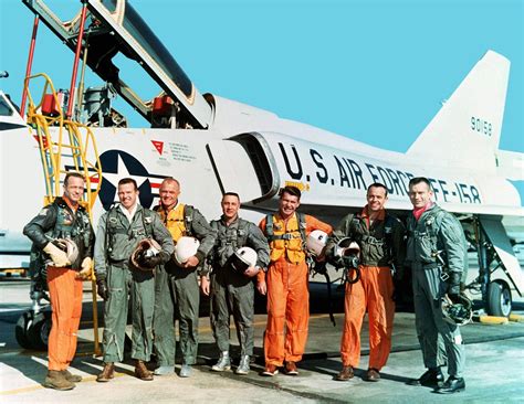 The original seven Mercury astronauts are shown during training at NASA Langley Research Center ...