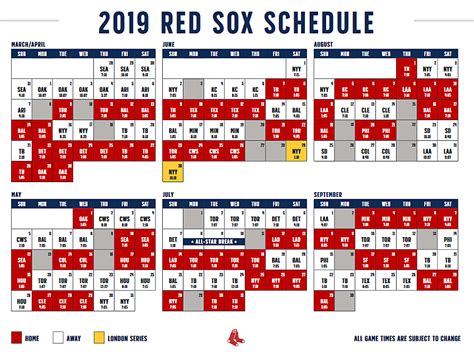 2019 Boston Red Sox Full Season Schedule