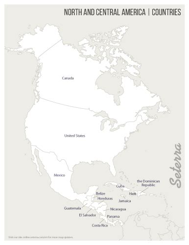 the north and central america countries map with all states labeled in gray on a white background