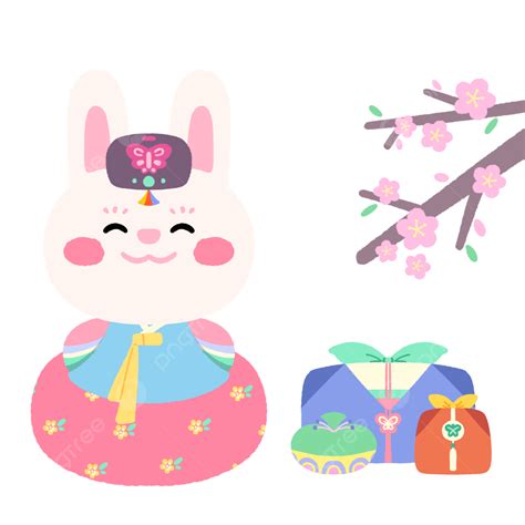 Korean New Year PNG Image, Korean New Year Colorful Cute New Year Rabbit In Traditional Hanbok ...