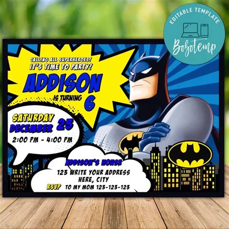 digital invitation birthday template Batman Digital Birthday Invite instant download superhero ...