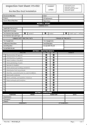 Inspection Test Sheet - ITS-E02 - Bus Bar.Bus Duct Installation - Workplace Health and Safety ...