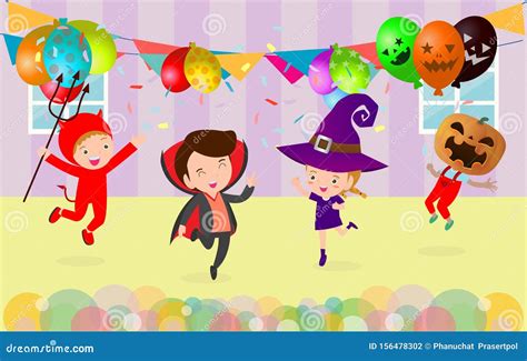 Happy Halloween Kids Costume Party. Group of Children in Halloween Cosplay. Template for ...