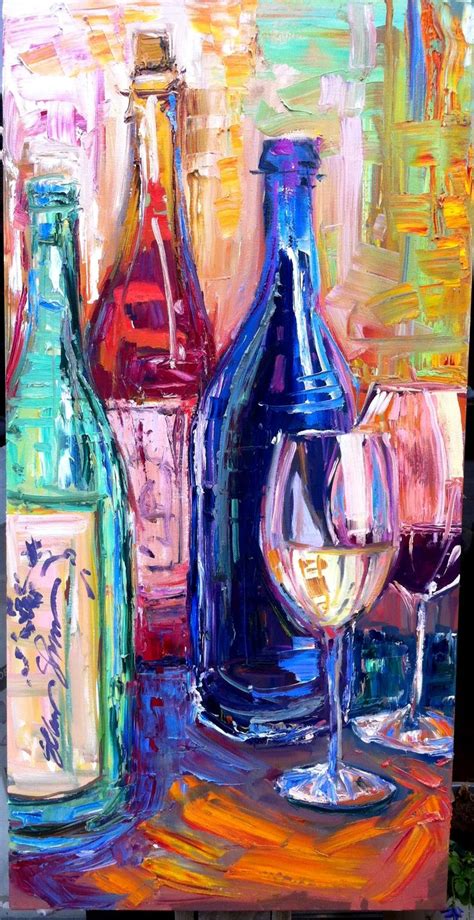 a painting of wine bottles and glasses on a table