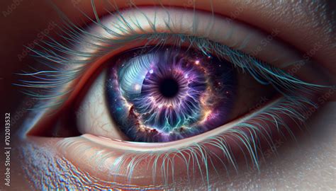 Abstract digital art of a cosmic human eye, iris with galaxies, stars, and nebulae, colors of ...