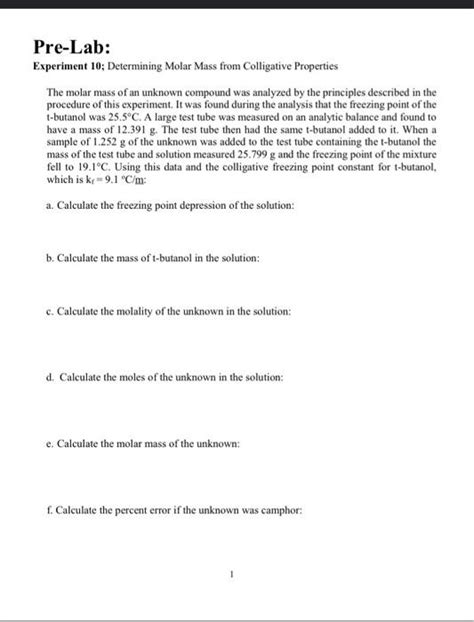 Solved Experiment 10; Determining Molar Mass from | Chegg.com