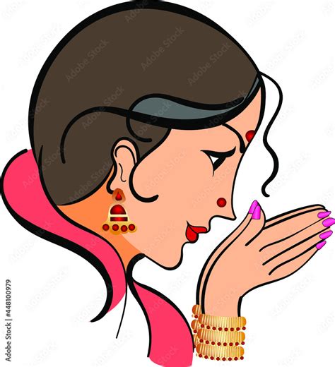 Indian women girl welcoming people with her two hands vector illustration clipart. Indian ...