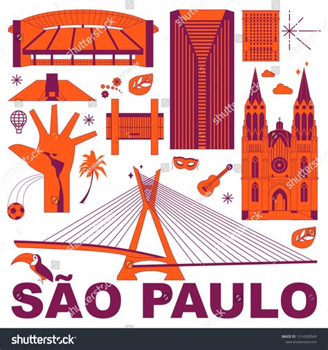 Sao Paulo culture travel set, famous architectures and specialties in flat design. Business ...