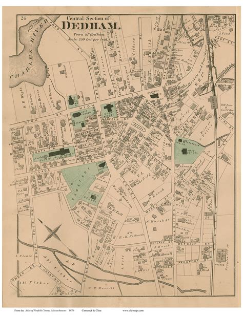 Dedham Village Center, Massachusetts 1876 Old Town Map Reprint ...