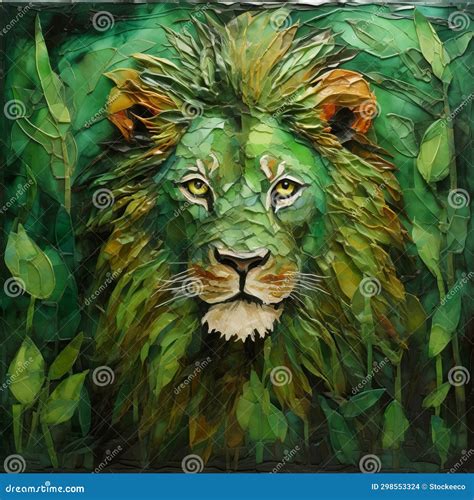 Lion Painting on Green Leaves: Contemporary Glass Fragments Art Stock Illustration ...