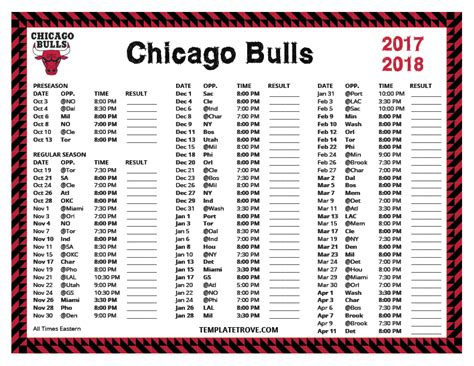 Printable 2017-2018 Chicago Bulls Schedule