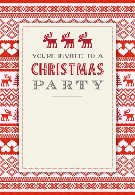 a christmas party card with reindeers and snowflakes on the border, in red and white