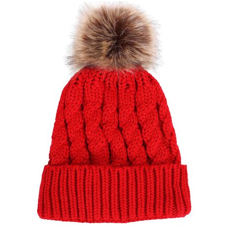 Men / Women's Winter Handcraft Knit Faux Fur Pom Beanie Hat Red - Walmart.com - Walmart.com