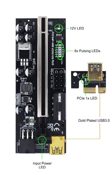 PCIe Riser Card - VER010S PLUS - 12V - 2 x 6PIN + 4PIN, 8x Solid Caps ...