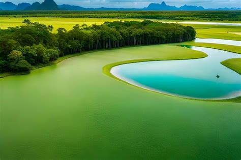 Premium Photo | A green lake with a green lake in the foreground