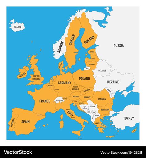 Political map of europe with white land and yellow