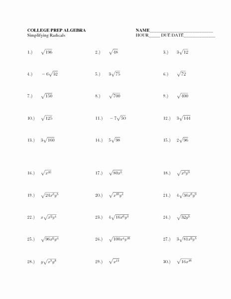 50 Simplifying Radicals Worksheet Answer Key