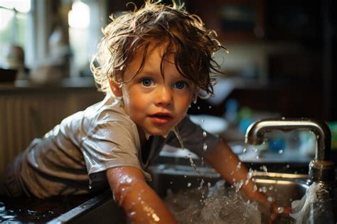 Premium AI Image | Cute happy child playing with water soap bubbles and ...