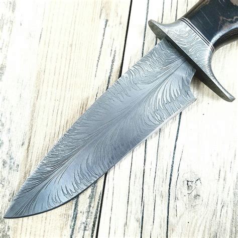 HTS-7 Damascus FEATHER Bowie // Custom // WENGE Wood Handle Amazing gr — HomeTown Knives