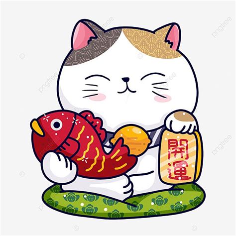 a cartoon cat holding a fish with chinese characters on it ...