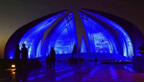 A view of Pakistan Monument decorated with blue lights to mark World ...