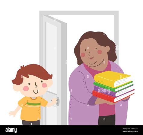 Illustration of a Kid Boy Student Holding the Door Open for Teacher Girl Carrying Books Stock ...