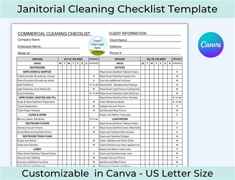 Checklist for Cleaning Service, Janitorial Cleaning Checklist, Frequency Chart, Janitor Schedule ...