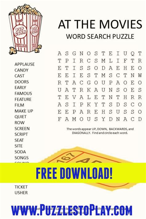 At the Movies Word Search Puzzle | Word search puzzle, Free word search ...