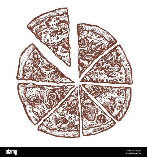 Pizza top view. Italian food. Vintage hand drawn sketch vector ...