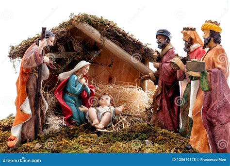 Christmas Nativity Scene with Holy Family in the Hut and the Three Wise Men, on White Background ...