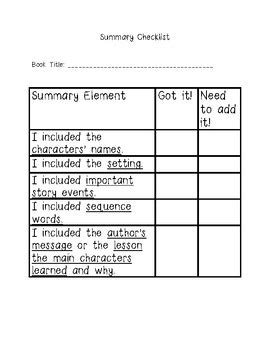 Summary Checklist by Marie Poulard | Teachers Pay Teachers