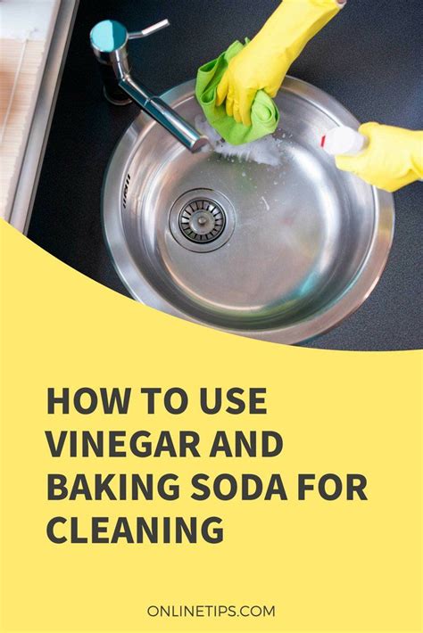 how to use vinegar and baking soda for cleaning the kitchen sink with yellow gloves on