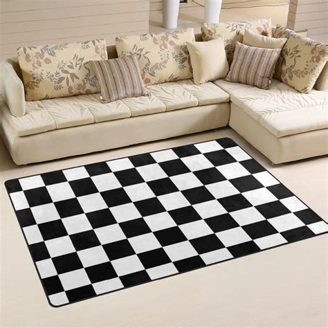 Custom Checkered Non slip Area Rugs Pad Cover Black White Checkered Pattern Floor Mat Modern ...