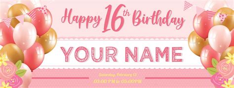 16th Happy Birthday Banner, Personalized Name/Date Sweet 16th Girl ...