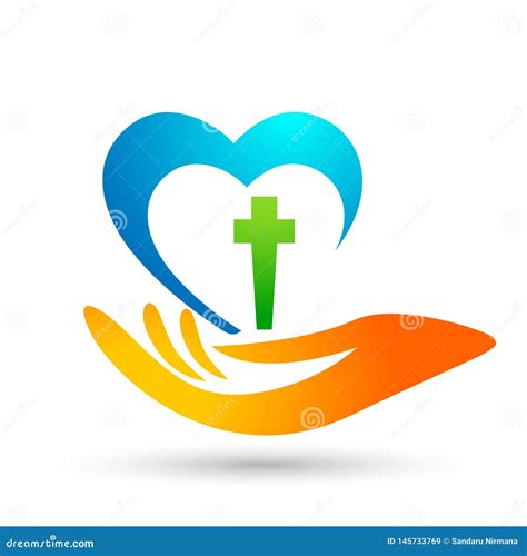 Church Care with Hand Logo Icon Heart with Cross Love Symbol on White ...